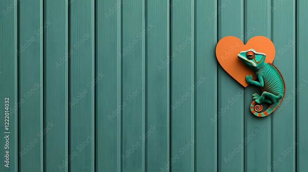 Poster cute and colorful chameleon camouflaging into a heart shaped pattern with flat design and space for 