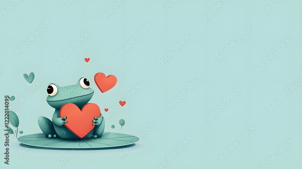 Poster cute and happy cartoon frog character sitting on a heart shaped lily pad in a flat design green and 