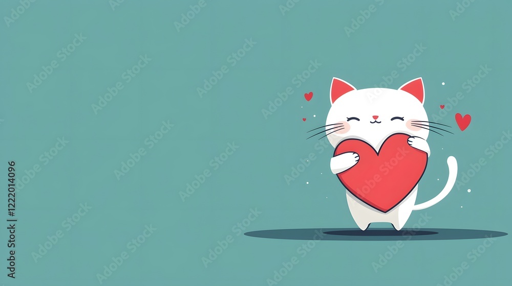 Poster cute and playful kitten character hugging a red heart shaped symbol in a flat design style with a cl