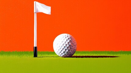 Obraz premium Golf Ball Near the Hole: A golf ball rests on a putting green, inches from the hole, with a white flag waving gently in the background against a vibrant orange backdrop.