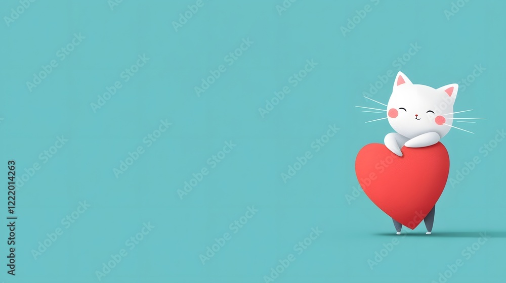 Poster cute kitten hugging red heart playful minimalist design with aqua turquoise background and space for