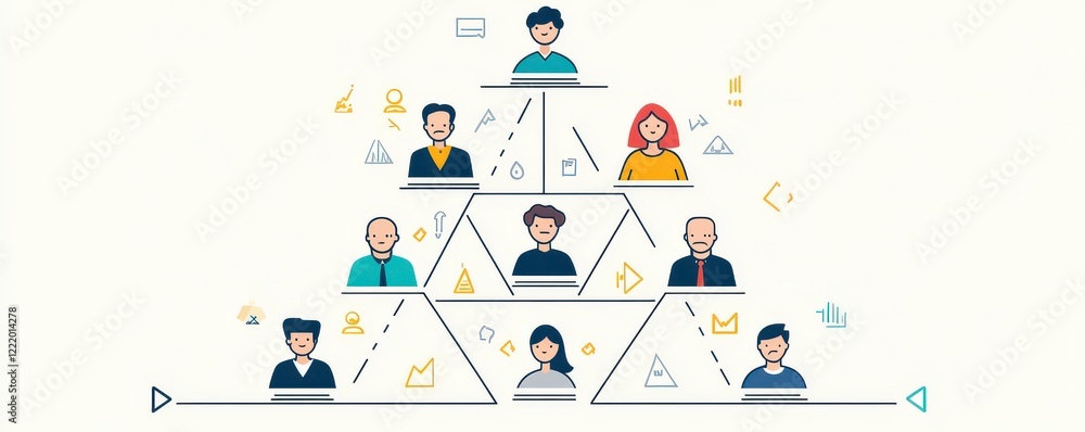 Poster a visual representation of a team hierarchy, showcasing various roles and connections among individu
