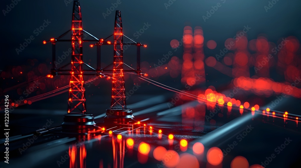 Poster cutting edge ai powered electricity grid management system depicted in a futuristic 3d with a glowin