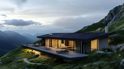 Naklejka premium A luxurious mountain residence equipped with solar panels, offering an energy-efficient solution while providing stunning mountain views.
