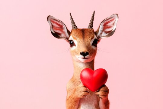Marketing concept. Cute antelope baby with critter toy red heart - emblem of love, funny greeting card. Digital ads concept. Antelope - my desired animal. Cute animal hearts. Romantic animals.