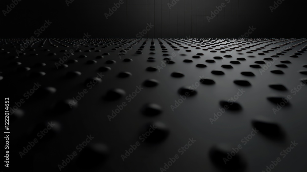 Poster dark surface with rounded dots receding to horizon on a dark background, for texture or background