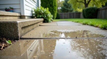 Reflective puddles on a newly poured concrete pathway near a house's entrance, showcasing the textured surface and surrounding greenery after a light rainfall