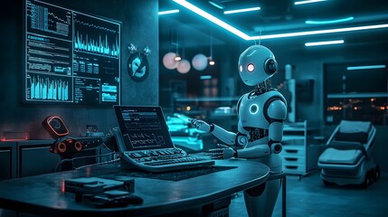 Obraz premium Digital rendering of an advanced robot assisting a doctor with patient diagnostics and analysis in a sleek monochromatic high tech medical room