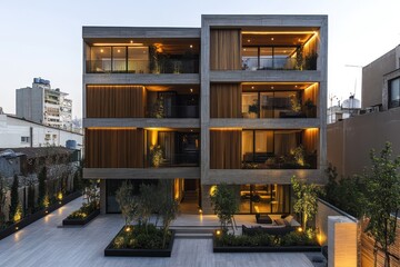 Fototapeta premium A sleek urban dwelling featuring wooden accents, glowing balconies, and landscaped courtyards