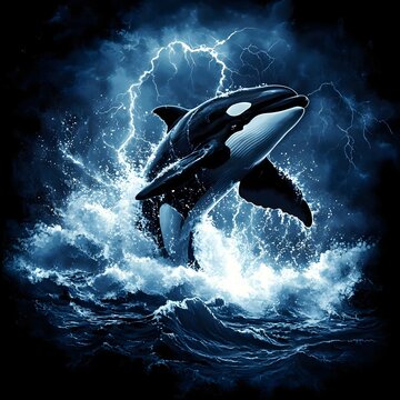 killer whale jumping out of the ocean during a thunderstorm t-shirt design