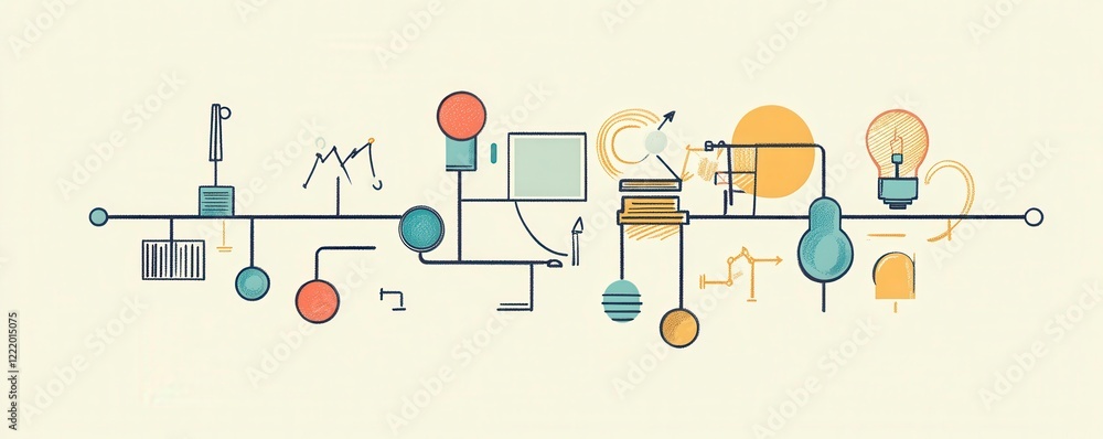 Poster a graphic display featuring various abstract shapes and icons related to creativity and innovation, 