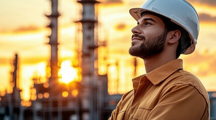 Fototapeta premium Reflective Engineer at Sunset: A portrait of a thoughtful male engineer, wearing a hardhat and workwear, stands against the backdrop of a refinery silhouetted by a vibrant sunset.