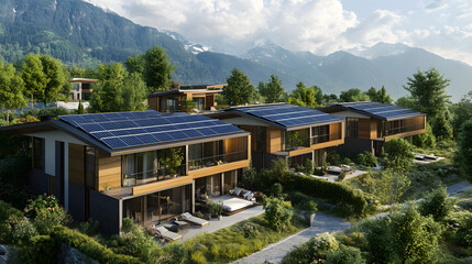 A luxury modern house with solar panels on the roof, situated in a high-altitude location, offering an unobstructed view of the surrounding mountain peaks.