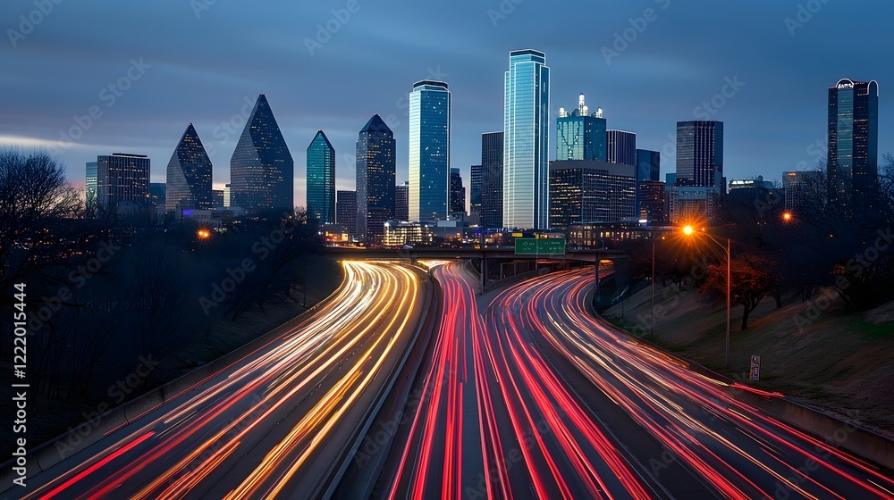 Poster dynamic cityscape with glowing light trails on a busy freeway surrounded by towering skyscrapers and