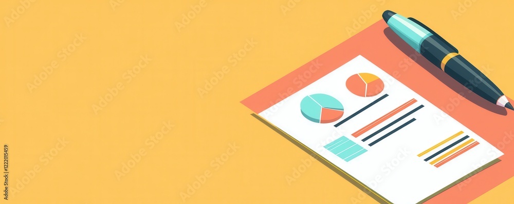 Poster a colorful illustration featuring a pen and a report with charts on a yellow background, emphasizing