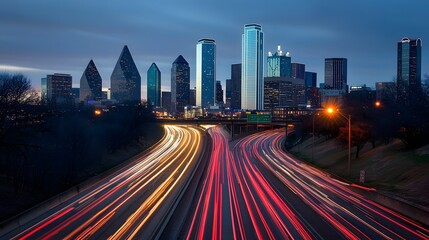 Fototapeta premium Dynamic cityscape with glowing light trails on a busy freeway surrounded by towering skyscrapers and evening glow capturing the energy and progress of a thriving metropolitan area