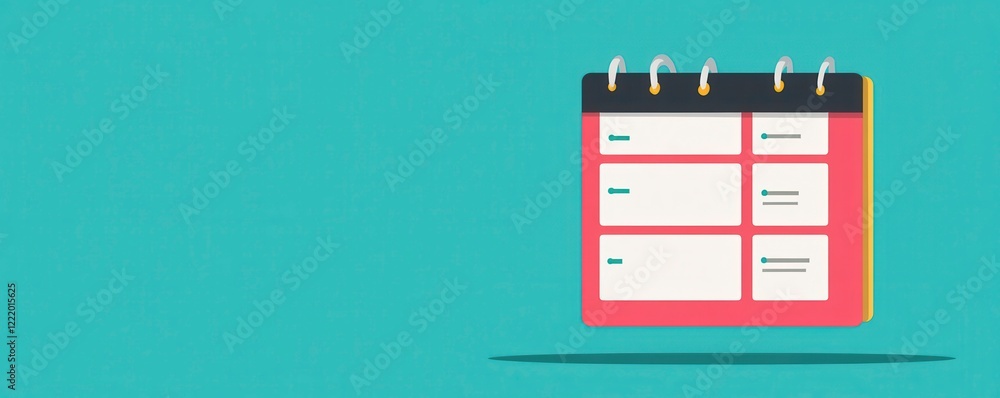 Aufkleber a colorful calendar with a spiral binding on a teal background, featuring blank spaces for notes or 