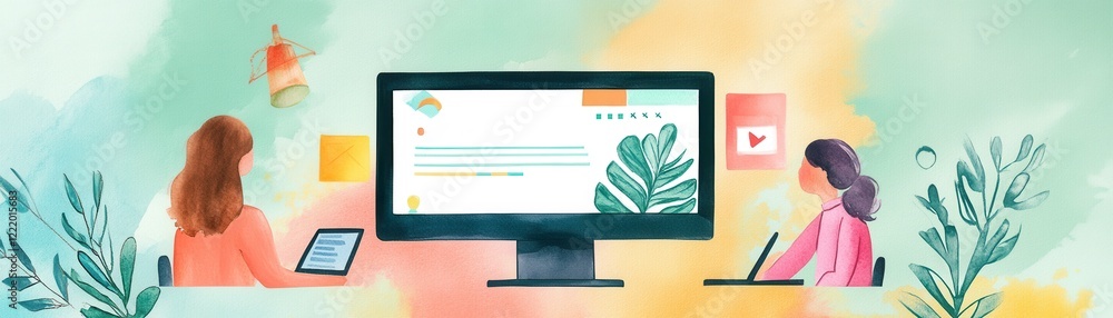 Poster two women interact with a computer screen displaying greenery, embodying a modern workspace with a f