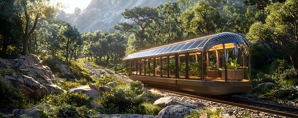 Fototapeta premium Eco friendly solar powered rail car transporting visitors through a scenic nature reserve surrounded by lush mountains forests and a tranquil landscape