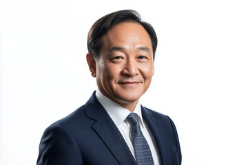 Asian businessman standing confidently, dressed in a tailored navy-blue suit, white dress shirt, and a classic tie, with neatly groomed hair and professional expression, isolated on a white background