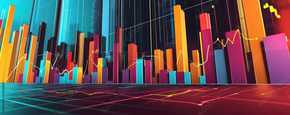 Aufkleber a vibrant visualization of data represented by colorful bar graphs and line charts, showcasing trend
