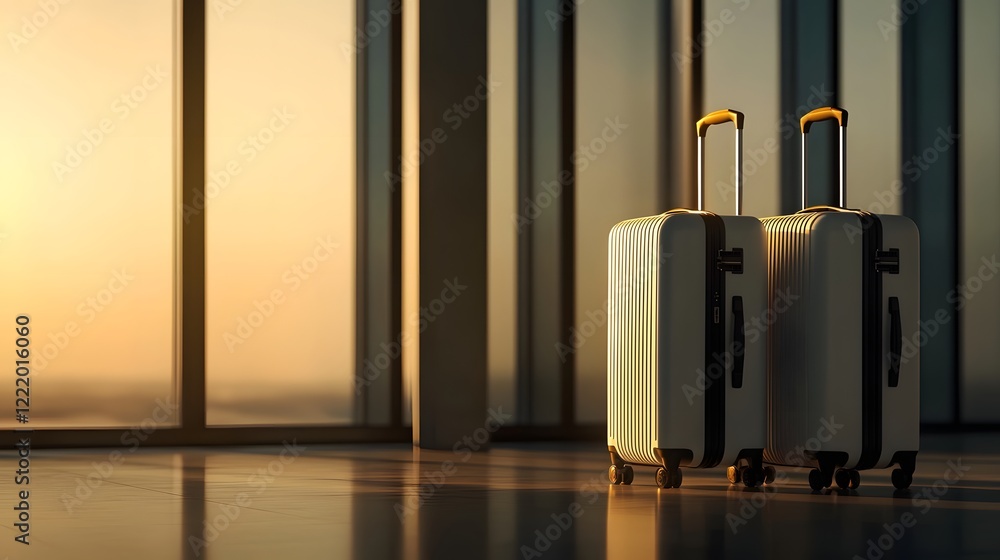 Poster elegant and modern travel suitcases standing near an airport window illuminated by soft twilight ton