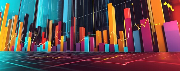 A vibrant visualization of data represented by colorful bar graphs and line charts, showcasing trends and statistics in a dynamic format.