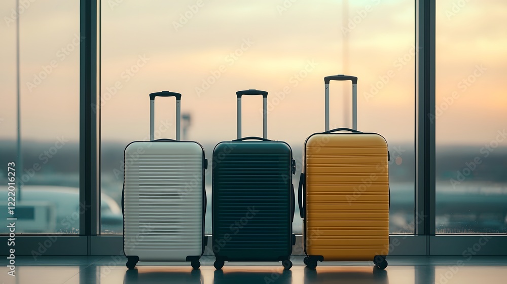 Poster elegant modern suitcases in front of an airport terminal window bathed in warm sunset hues and refle