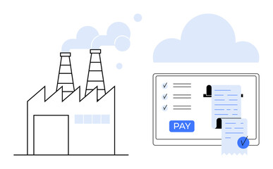 Factory with chimneys emitting smoke next to a digital screen showing an online payment button and transaction receipt. Ideal for industry, finance, automation, billing, technology, e-commerce