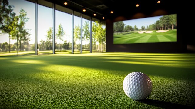 Golf Simulator Room: A single golf ball rests on a lush green putting green inside a modern golf simulator room.