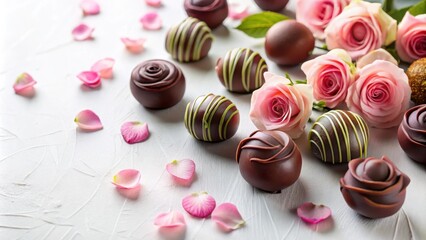 Obraz premium Delightful assortment of artisan chocolates and delicate rose petals