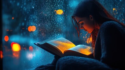 Woman reading glowing book, rainy night window