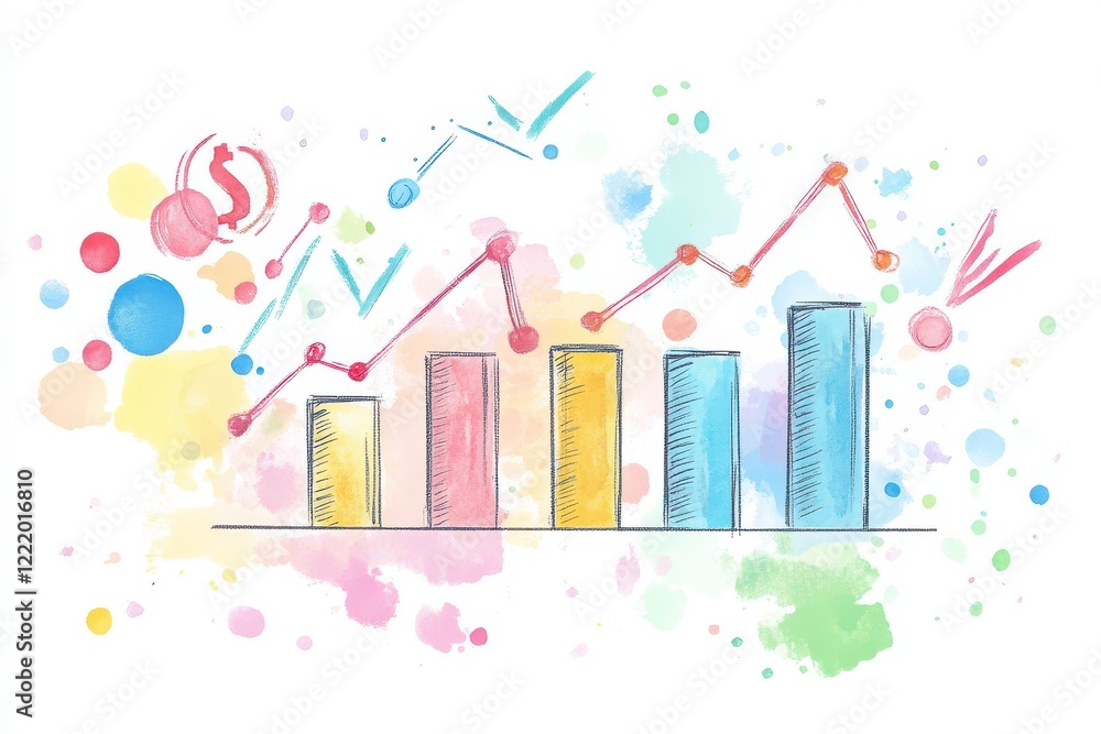 Poster a colorful, artistic representation of a bar graph with rising trends, surrounded by abstract shapes