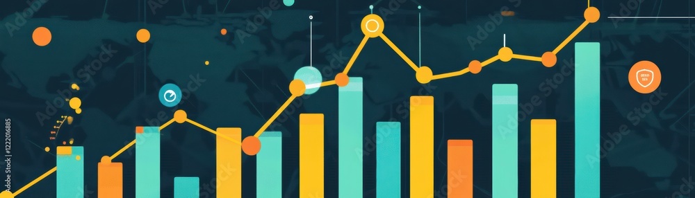 Poster a vibrant data visualization displaying a rising graph with colorful bars and lines, illustrating gr