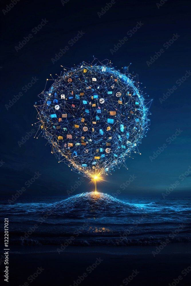 Poster speech bubbles intertwining into a glowing starburst of languages