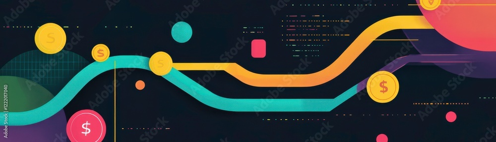 Poster a vibrant abstract design featuring colorful lines and shapes, symbolizing finance and data flow on 