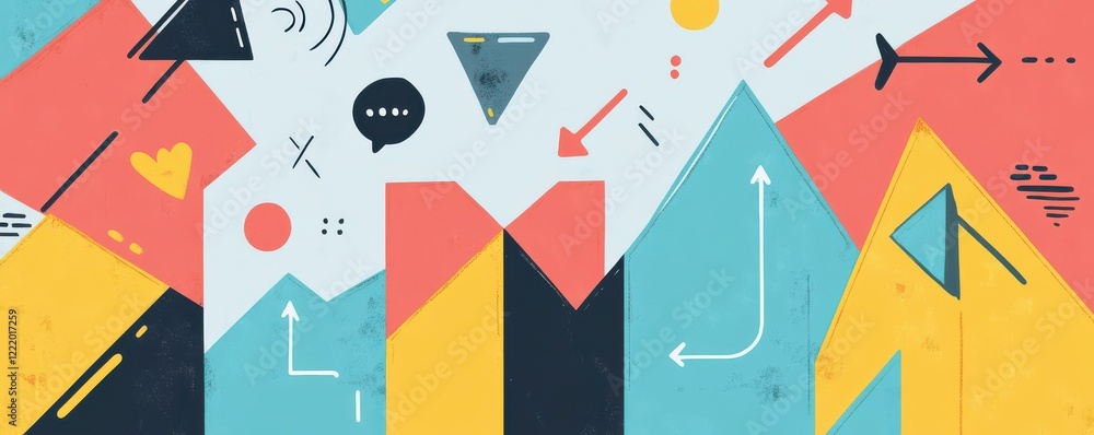 Poster colorful abstract design featuring geometric shapes, arrows, and symbols, creating a modern and dyna