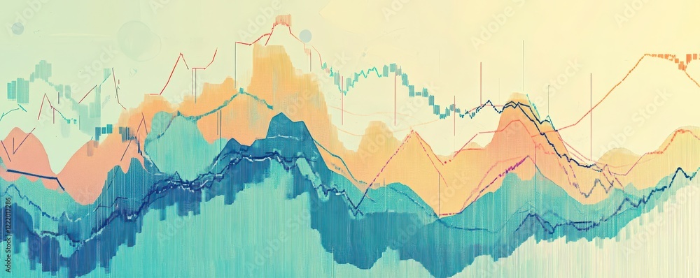 Poster an abstract representation of fluctuating data, showcasing colorful lines and patterns typical of fi