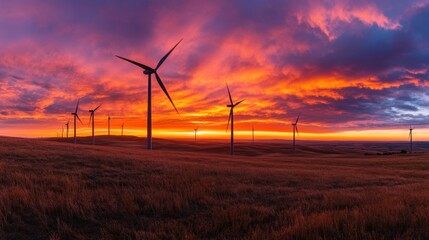 Obraz premium Wind farm during sunset, turbines spinning gracefully against an orange and purple sky