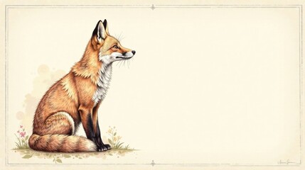 A Red Fox Sitting Amidst Wildflowers, a Serene Wildlife Illustration with Ample Space for Text or Design Elements
