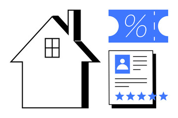 House with window and chimney, discount coupon with percentage sign, profile document with photo and five-star rating. Ideal for real estate, housing market, customer service, discounts, profiles