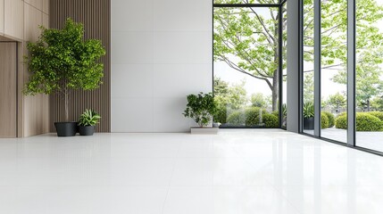 Fototapeta premium Empty modern room with white floor and potted plants features large windows overlooking a green garden during the day.