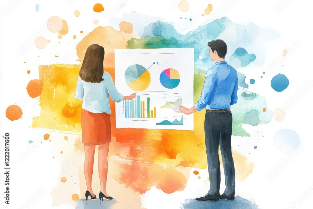 Poster two professionals discuss data visualizations on a presentation board, surrounded by a colorful, abs