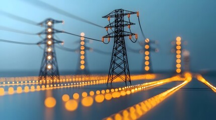 Futuristic 3D of a AI driven energy grid system featuring a complex luminous circuit web that represents the interconnected power transmission and distribution network