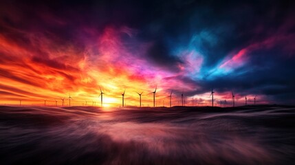 Wind farm during sunset, turbines spinning gracefully against an orange and purple sky