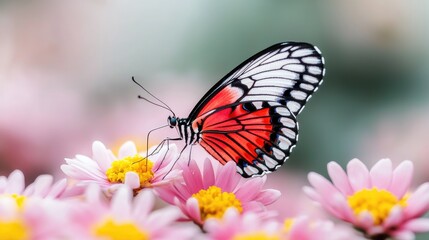 Red butterfly on pink flowers in garden; nature background; spring scene; ideal for greeting cards