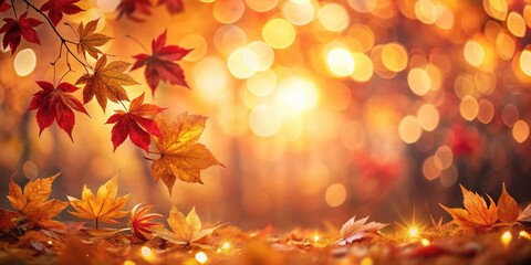 Fototapeta premium Autumnal Scene Golden and Red Maple Leaves with a Soft Bokeh Background