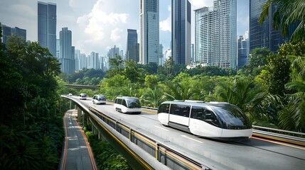 Obraz premium Futuristic electric vehicles seamlessly navigating an autonomous highway surrounded by a visionary cityscape of modern high rise buildings and lush verdant landscapes a glimpse into a sustainable
