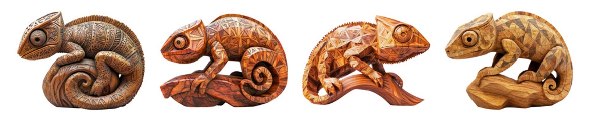 Wooden Chameleons on Transparent Background