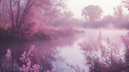 Fototapeta premium Serene Misty Morning on a Tranquil River Surrounded by Pink Trees